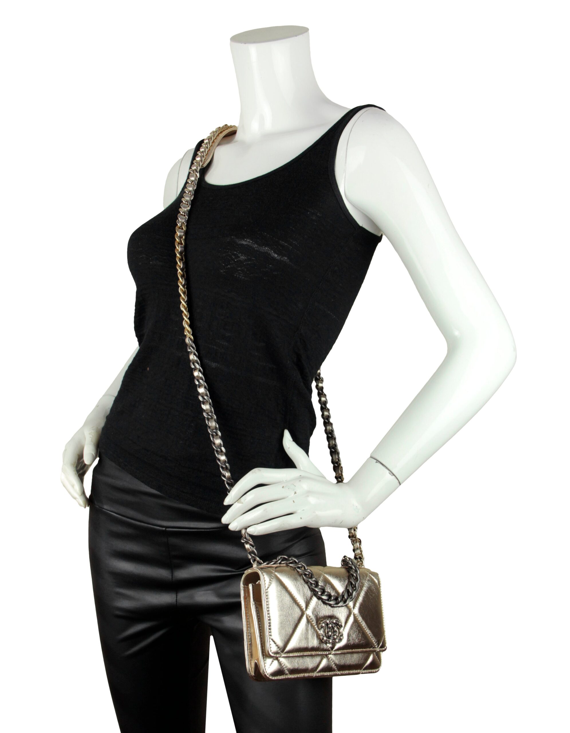 Chanel Gold Quilted 19 Wallet On Chain WOC Crossbody Bag