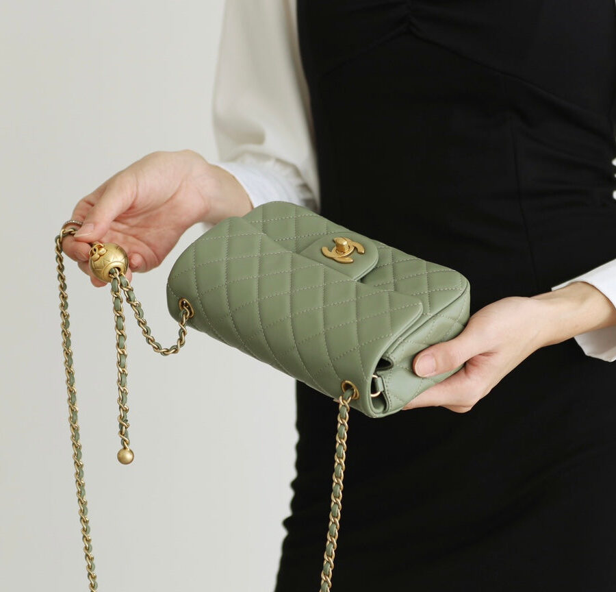 FLAP BAG 20CM KHAKI LAMBSKIN GOLD HARDWARE | Studio Nafay