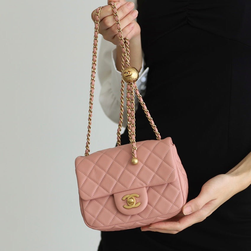 FLAP BAG 17CM BABY PINK LAMBSKIN GOLD HARDWARE | Studio Nafay