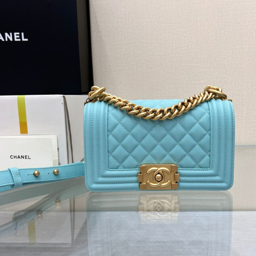 BOY BAG SMALL 20 CLOUD BLUE CAVIAR GOLD HARDWARE | Studio Nafay