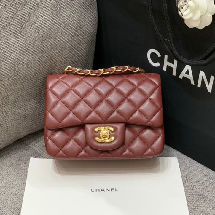 MINI SQUARE FLAP BAG 17CM BURGUNDY LAMBSKIN GOLD HARDWARE | Studio Nafay