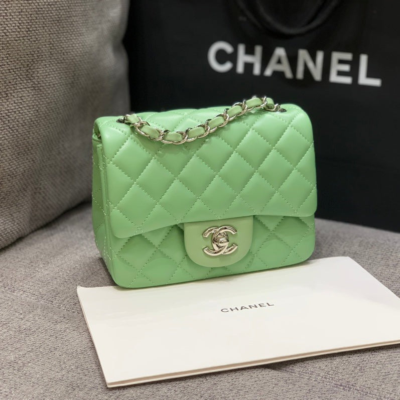 MINI SQUARE FLAP BAG 17CM LIGHT GREEN LAMBSKIN SILVER HARDWARE | Studio Nafay