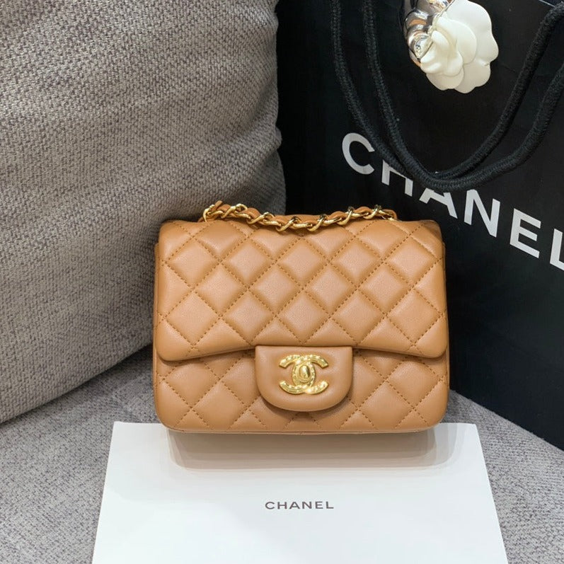 MINI SQUARE FLAP BAG 17CM BROWN LAMBSKIN GOLD HARDWARE | Studio Nafay