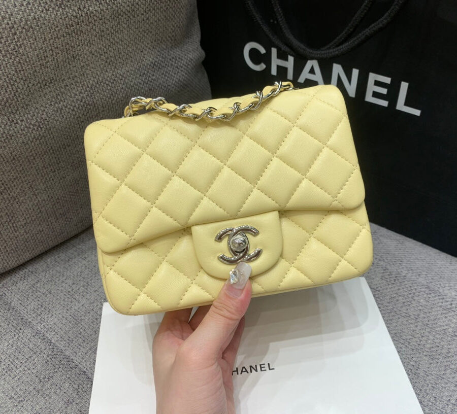 MINI SQUARE FLAP BAG 17CM YELLOW LAMBSKIN SILVER HARDWARE | Studio Nafay