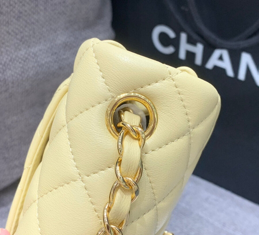 MINI SQUARE FLAP BAG 17CM YELLOW LAMBSKIN GOLD HARDWARE | Studio Nafay