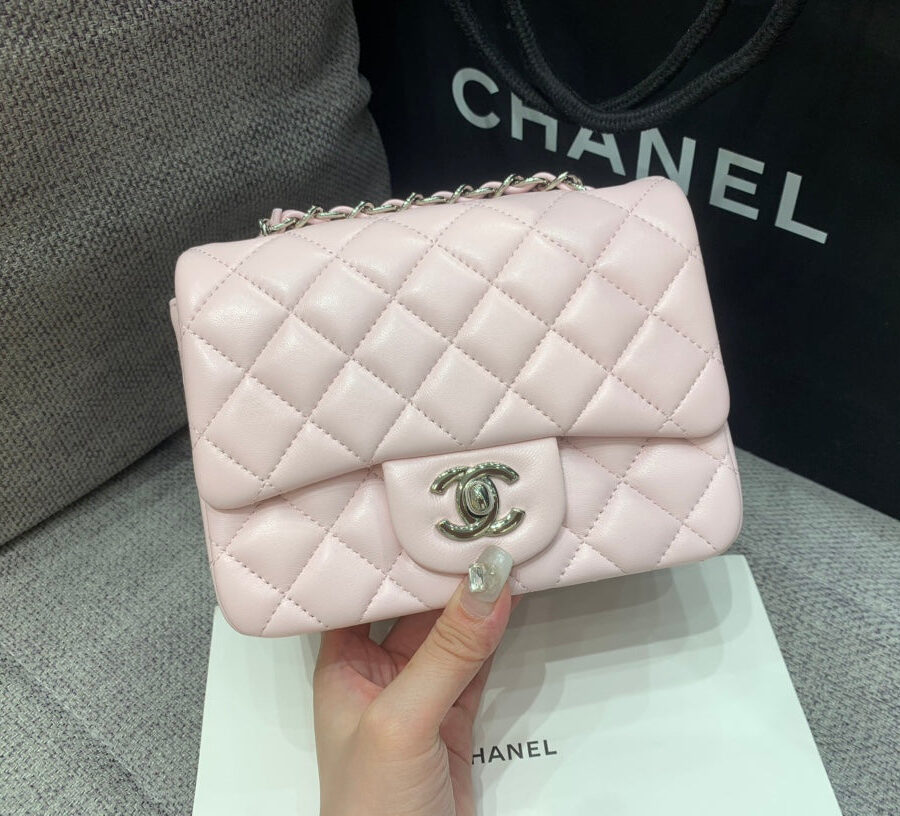 MINI SQUARE FLAP BAG 17CM PINK LAMBSKIN SILVER HARDWARE | Studio Nafay