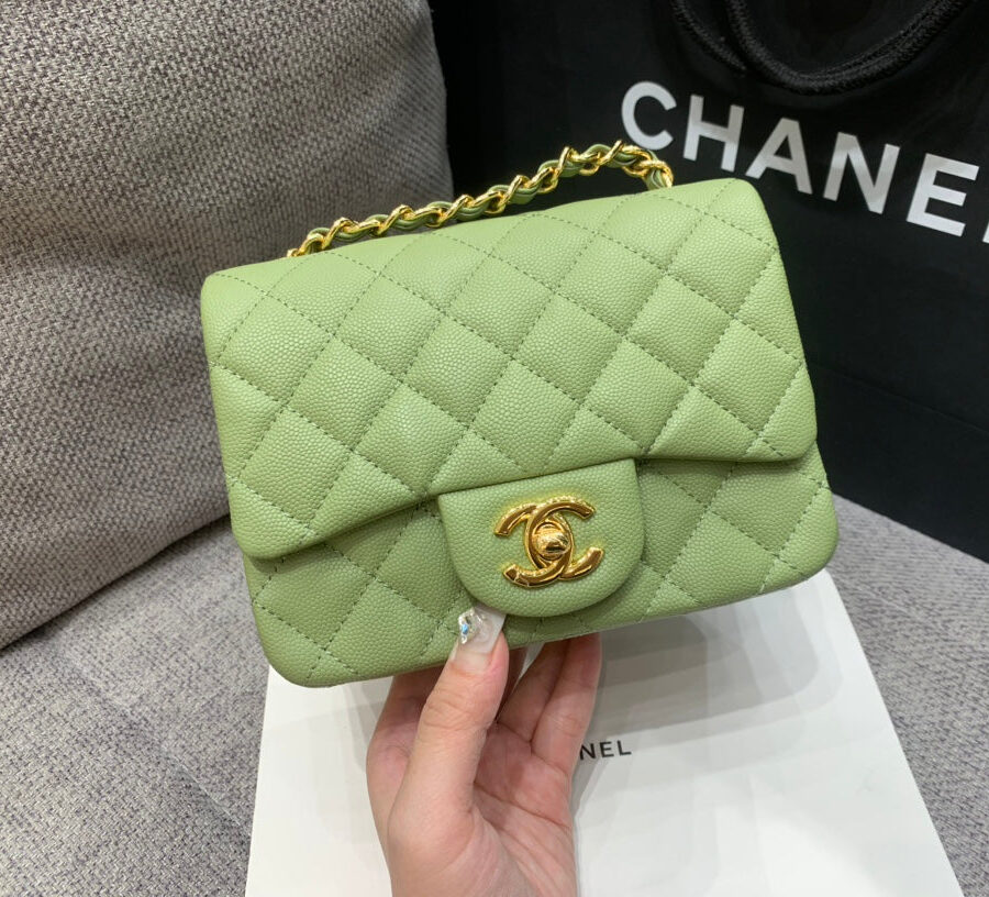 MINI SQUARE FLAP BAG 17CM GREEN CAVIAR GOLD HARDWARE | Studio Nafay