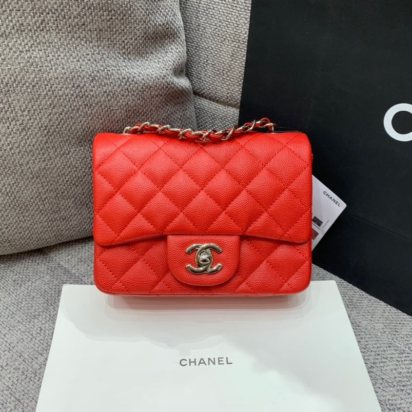 MINI SQUARE FLAP BAG 17CM RED CAVIAR SILVER HARDWARE | Studio Nafay