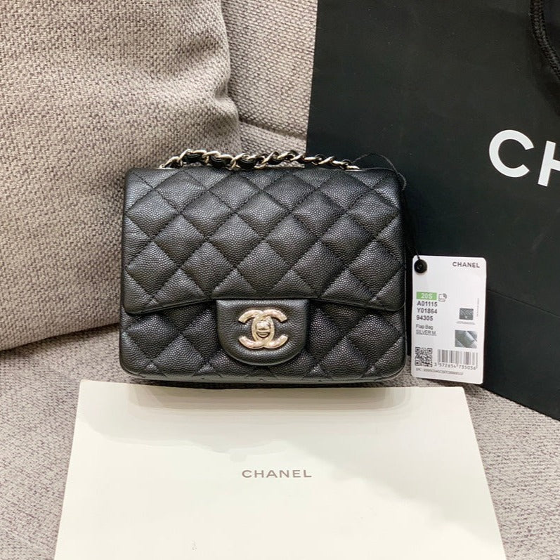 MINI SQUARE FLAP BAG 17CM BLACK CAVIAR SILVER HARDWARE | Studio Nafay