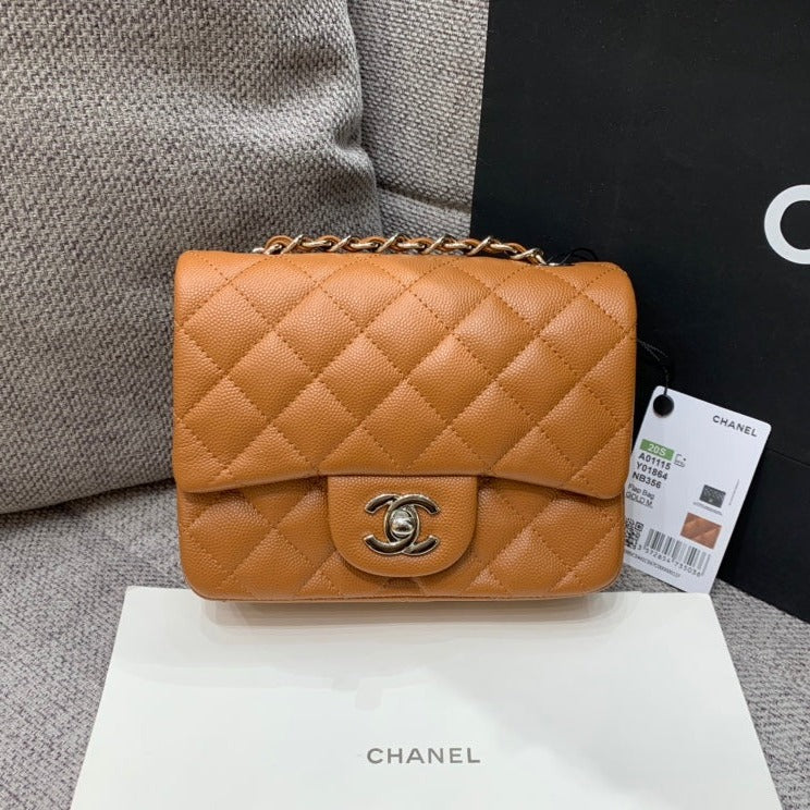 MINI SQUARE FLAP BAG 17CM BROWN CAVIAR SILVER HARDWARE | Studio Nafay