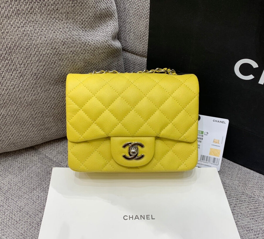 MINI SQUARE FLAP BAG 17CM YELLOW CAVIAR SILVER HARDWARE | Studio Nafay