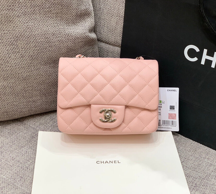 MINI SQUARE FLAP BAG 17CM PINK CAVIAR SILVER HARDWARE | Studio Nafay