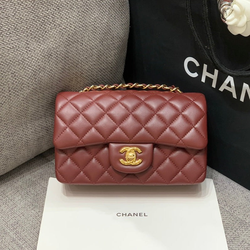 MINI RECTANGLE FLAP BAG 20CM BURGUNDY LAMBSKIN GOLD HARDWARE | Studio Nafay