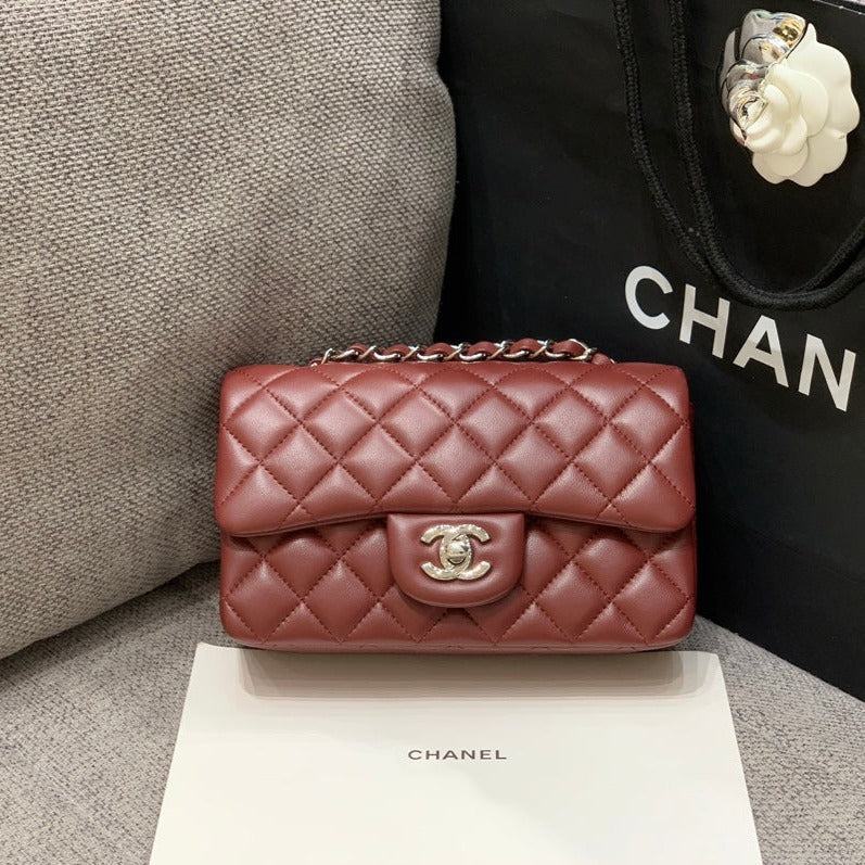 MINI RECTANGLE FLAP BAG 20CM BURGUNDY LAMBSKIN SILVER HARDWARE | Studio Nafay