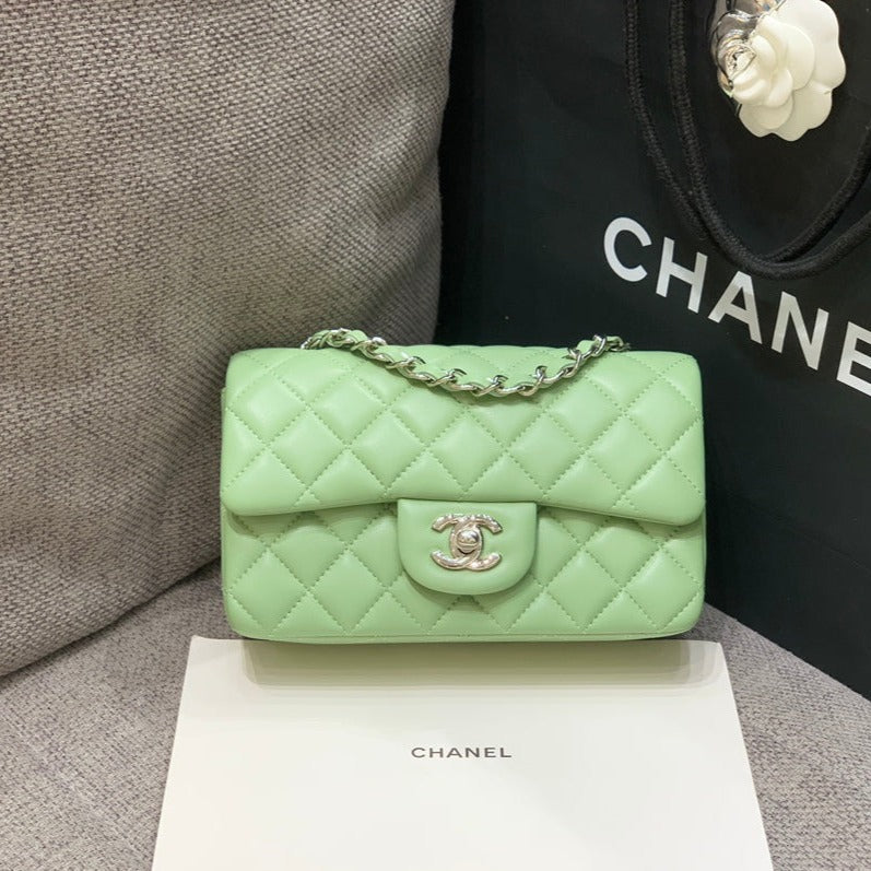 MINI RECTANGLE FLAP BAG 20CM LIME LAMBSKIN SILVER HARDWARE | Studio Nafay