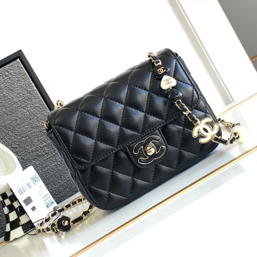 MINI SQUARE FLAP BAG 17CM BLACK LAMBSKIN LIGHT GOLD HARDWARE | Studio Nafay