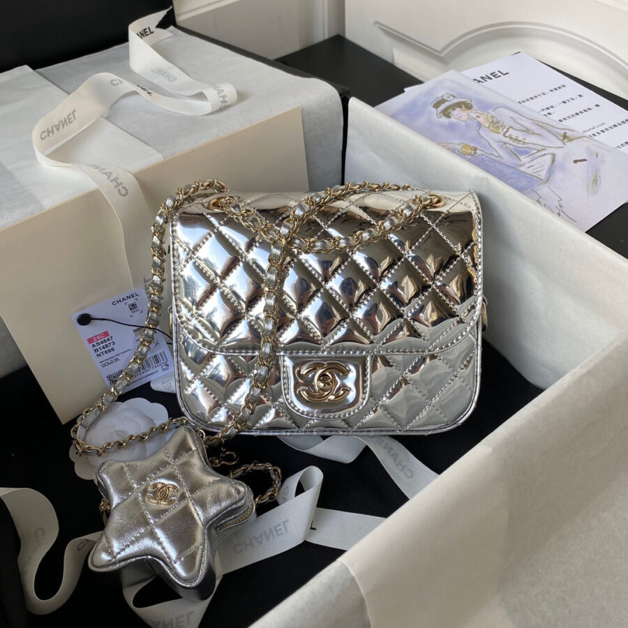 FLAP BAG MINI RECTANGE 20CM SILVER METALIC CALFSKIN | Studio Nafay