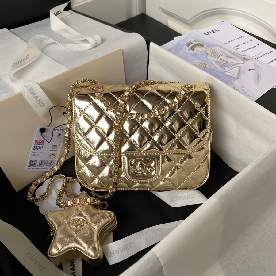 FLAP BAG MINI RECTANGE 20CM GOLD METALIC CALFSKIN | Studio Nafay