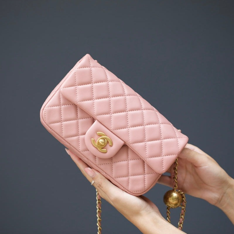 MINI RECTANGLE FLAP BAG 20CM PINK LAMBSKIN GOLD HARDWARE | Studio Nafay