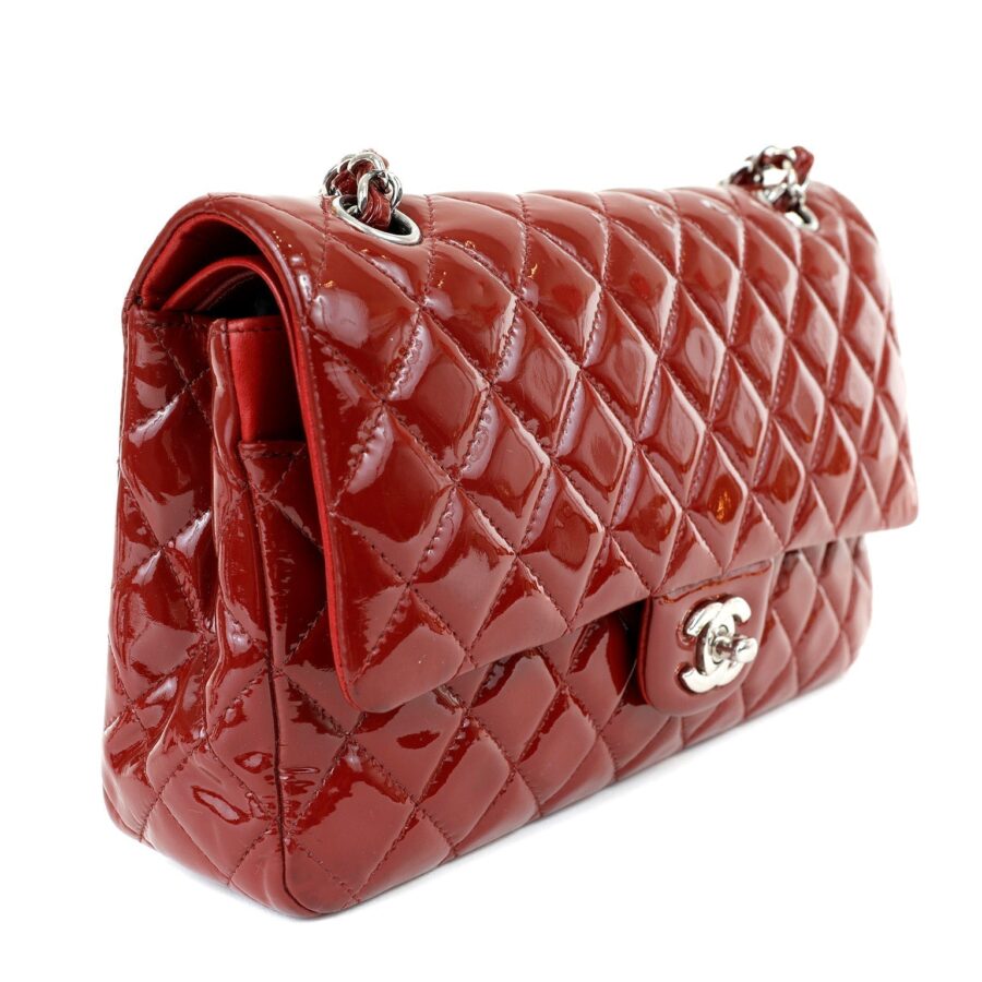 Chanel Dark Red Patent Leather Medium Classic with Silver Hardware | Studio Nafay