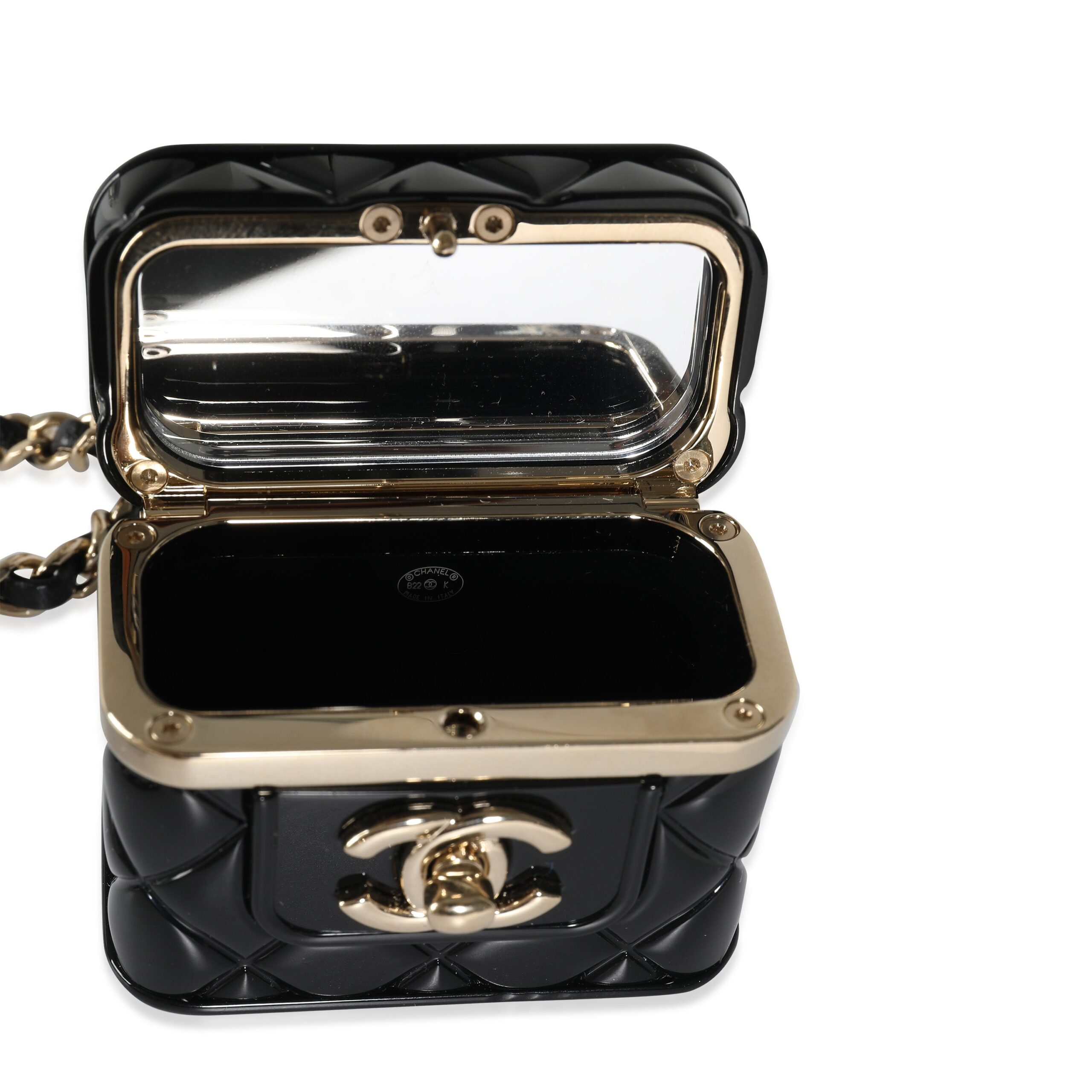 Chanel B K Mini Vanity Case Pendant in Gold Toned Base Metal