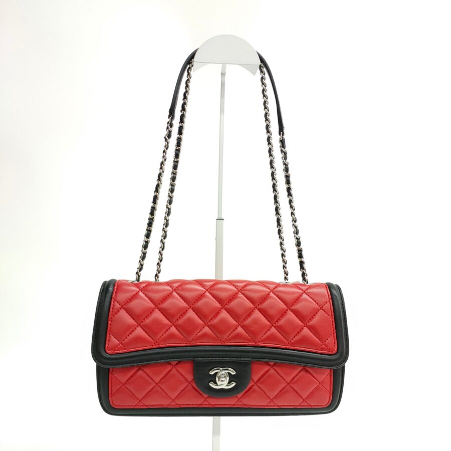 Chanel Baguette Flap Shoulder Bag Lambskin Red and Black Silver Double Chain | Studio Nafay