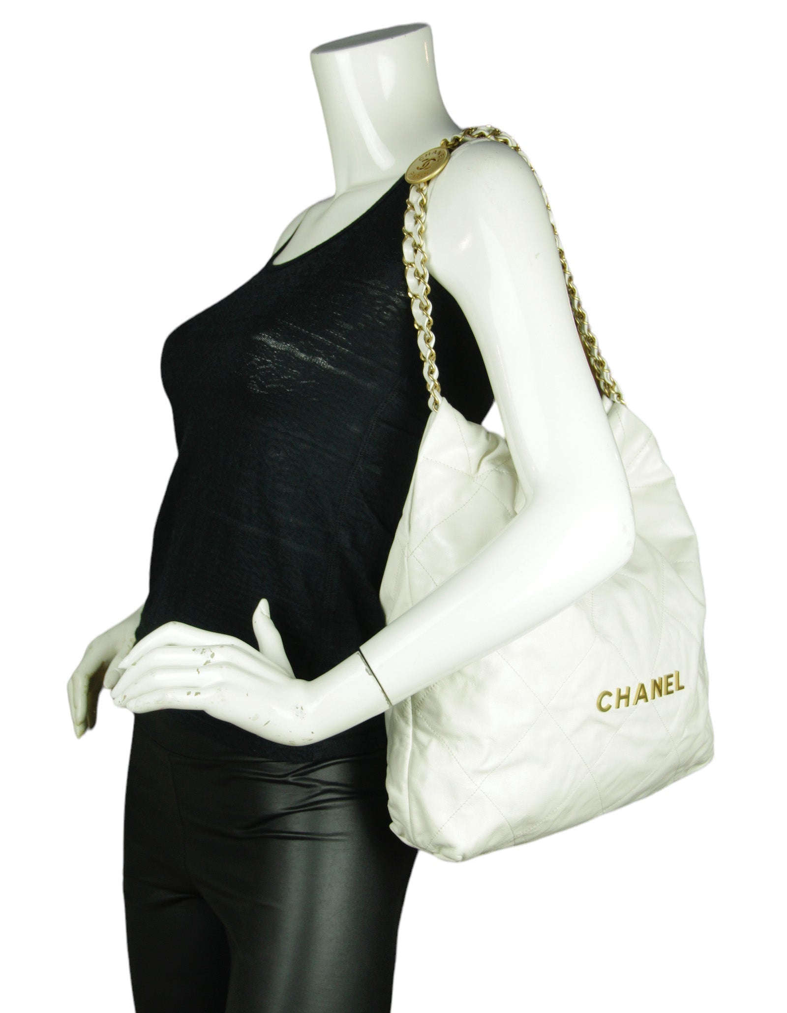 Chanel White Leather Quilted Chanel 22 Tote