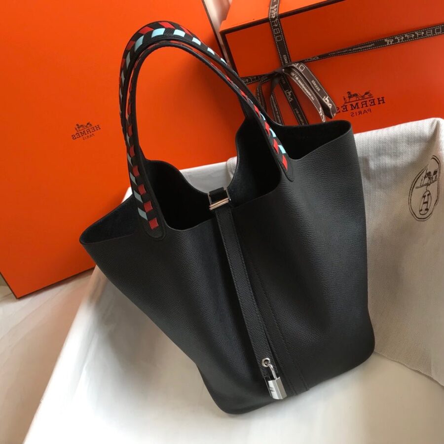 HM PICOTIN LOCK 18 BLACK EPSOM LEATHER WITH BRAID STRAP | Studio Nafay