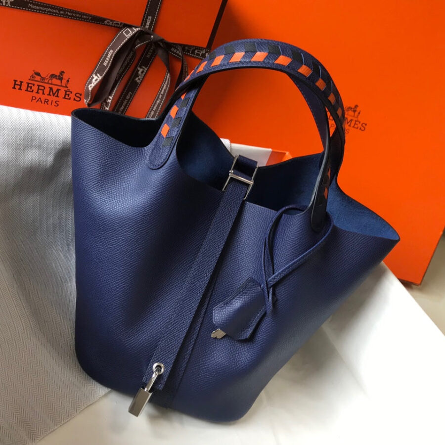 HM PICOTIN LOCK 22 NAVY EPSOM WITH BRAID STRAP | Studio Nafay