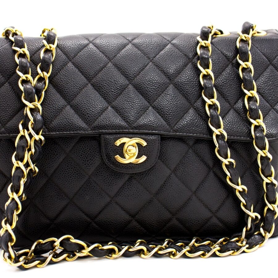 CHANEL Jumbo Caviar 11" Large Chain Shoulder Bag Flap Black Quilt e23 | Studio Nafay