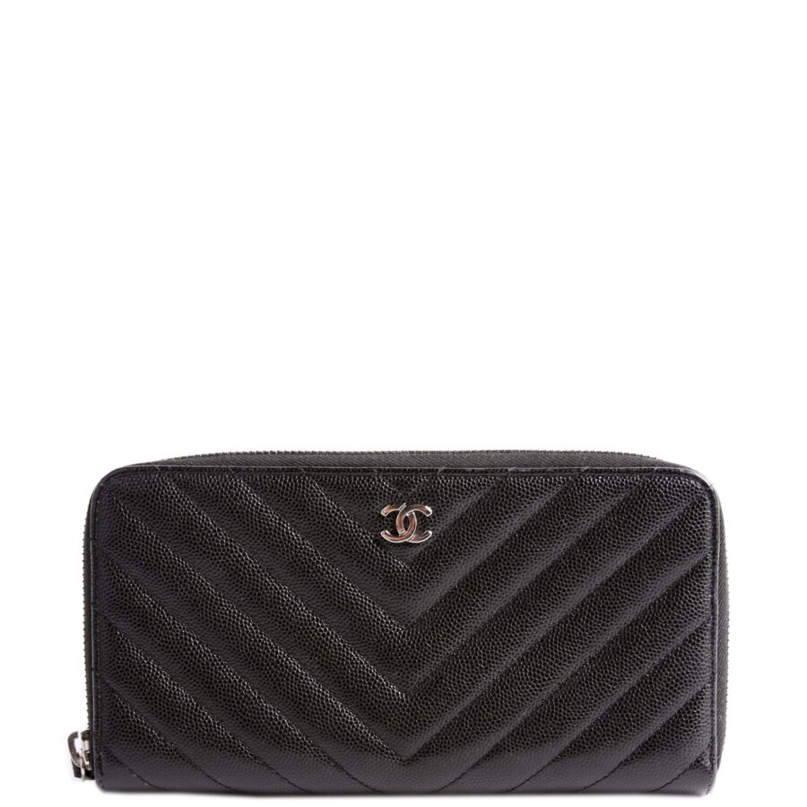 Chanel Chevron Caviar Large Gusset Zip Around Wallet 24M Black | Studio Nafay