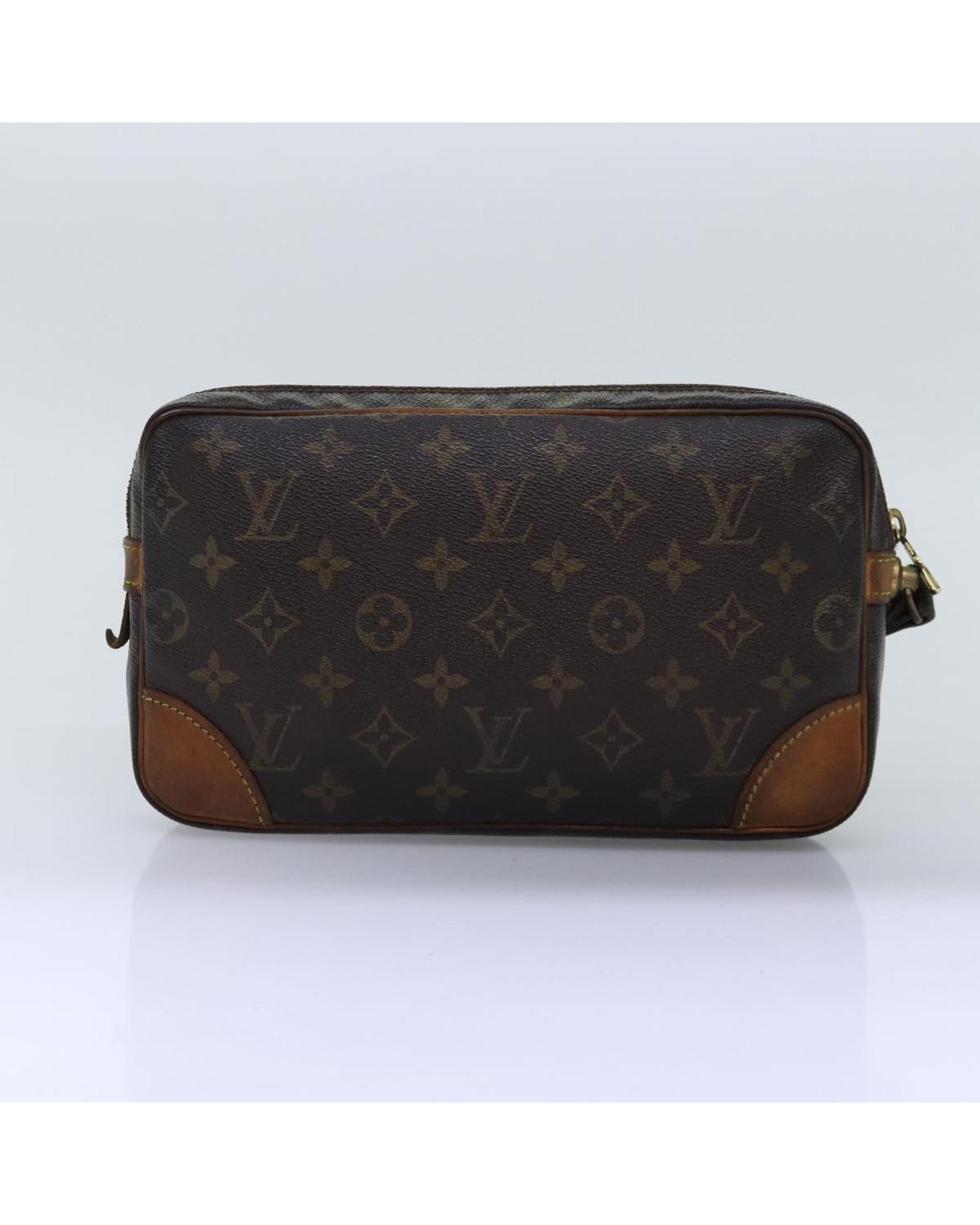 LOUIS VUITTON Pochette Voyage Clutch Bag in Monogram Canvas and Brown Leather