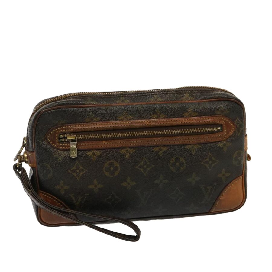 LOUIS VUITTON Pochette Voyage Clutch Bag Brown Monogram Canvas Leather | Studio Nafay