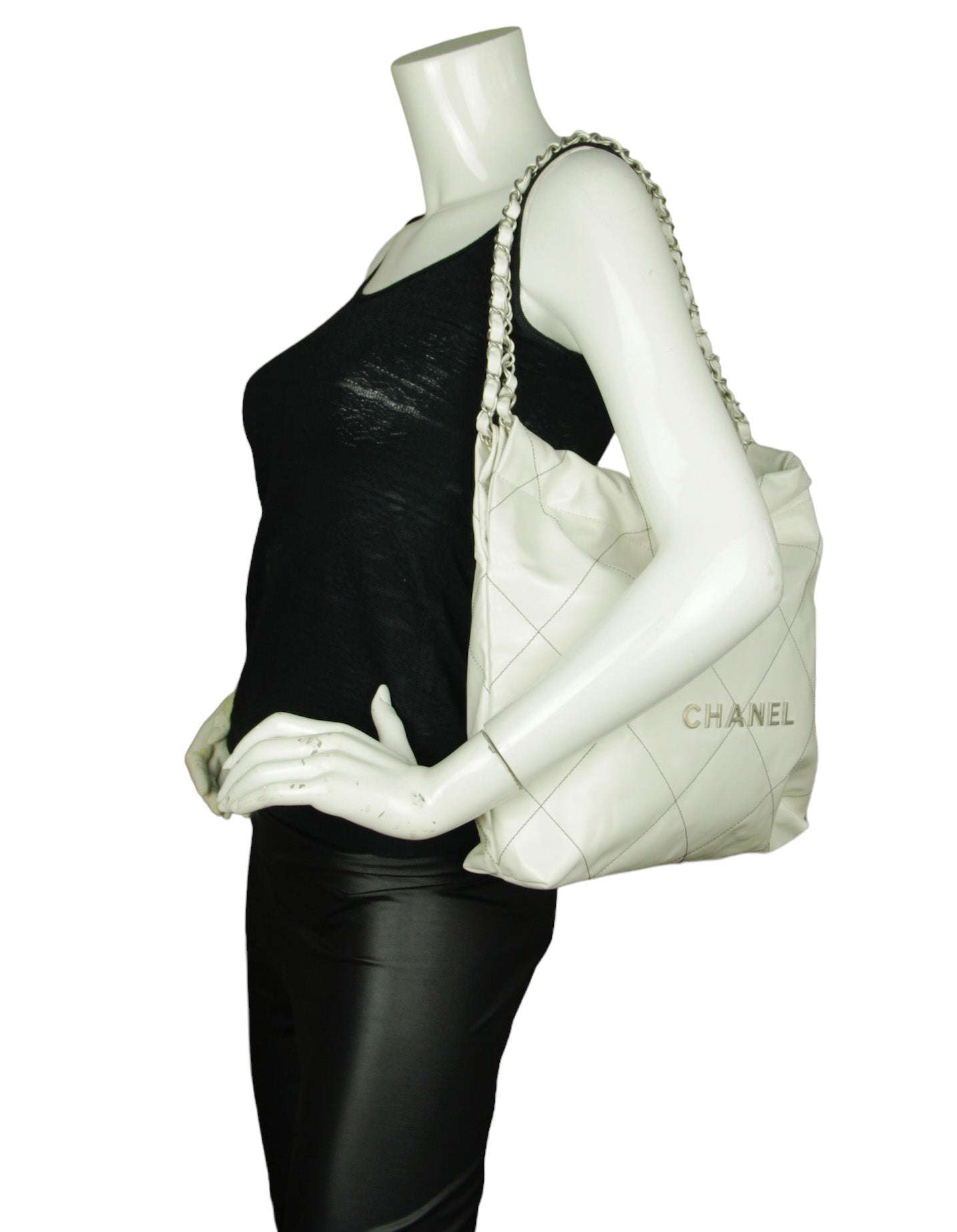 Chanel White Leather Quilted Chanel 22 Tote Bag