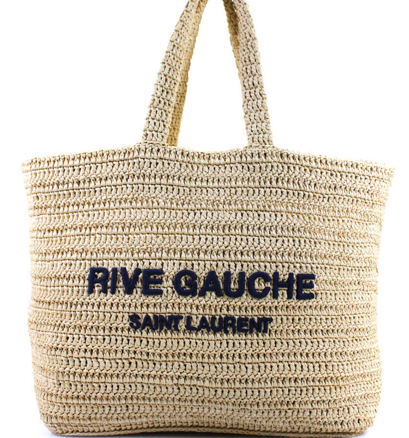 Saint Laurent Womens Large Embroidered Straw Beach Tote Handbag Natural Navy Blue | Studio Nafay