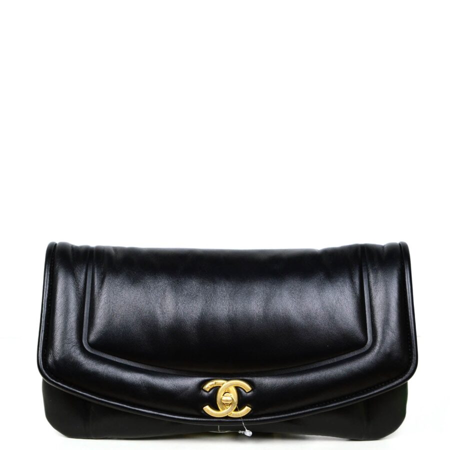Chanel NWT Black Shiny Lambskin Puffy Clutch Bag | Studio Nafay