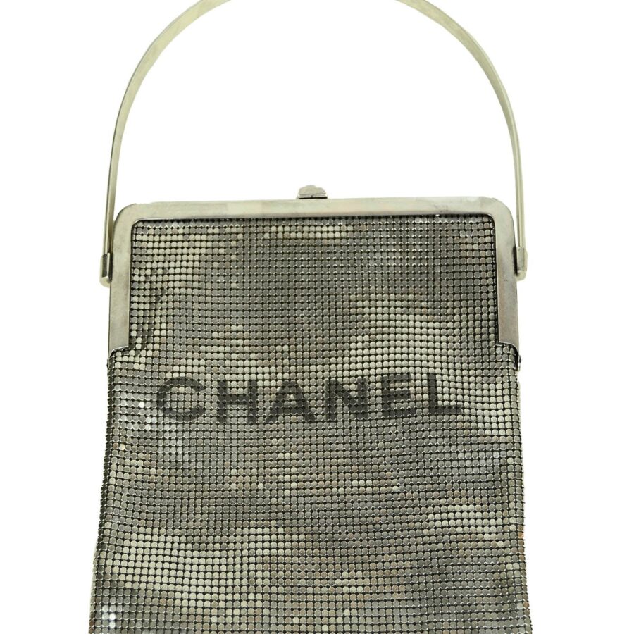 Chanel 1990s Rare Silvertone Mesh Chain Logo Handbag | Studio Nafay