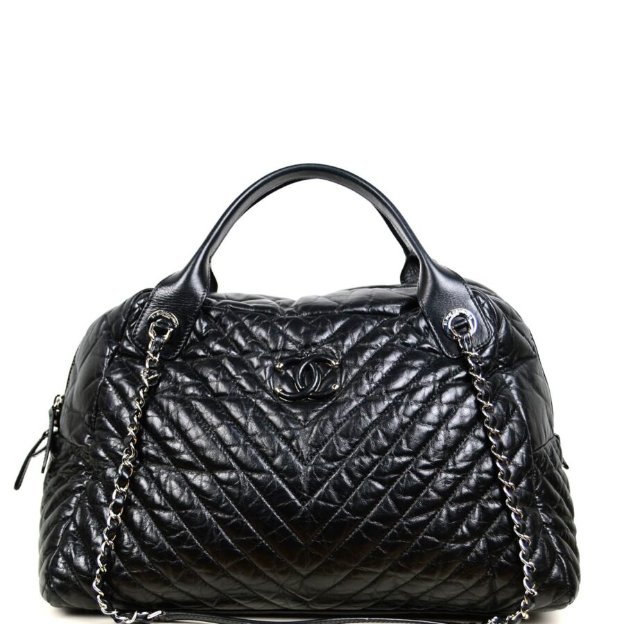 Chanel Black Aged Calfskin Leather Chevron Large Soft Bowling Bag | Studio Nafay