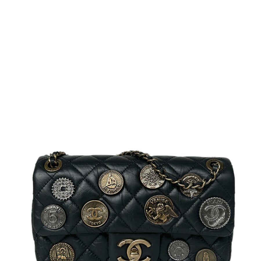 Chanel Black Calfskin Leather Quilted World Coin Charm Flap Bag | Studio Nafay