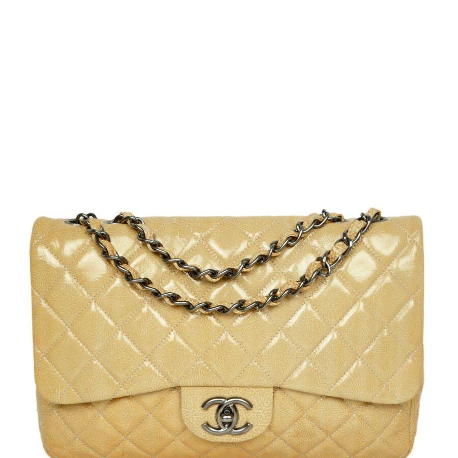 Chanel Cream Crumpled Patent Quilted Single Flap Jumbo Classic Bag | Studio Nafay
