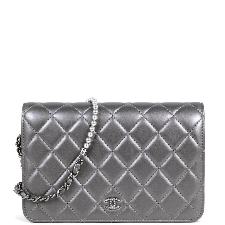 Chanel Silver Lambskin Pearl Wallet On Chain WOC Crossbody Bag | Studio Nafay