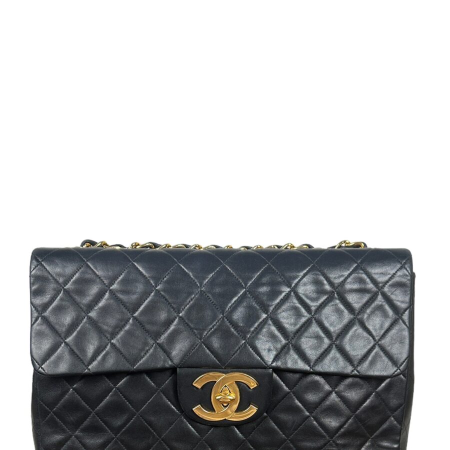 Chanel 1990s Black Lambskin Leather XL Jumbo Flap Bag | Studio Nafay