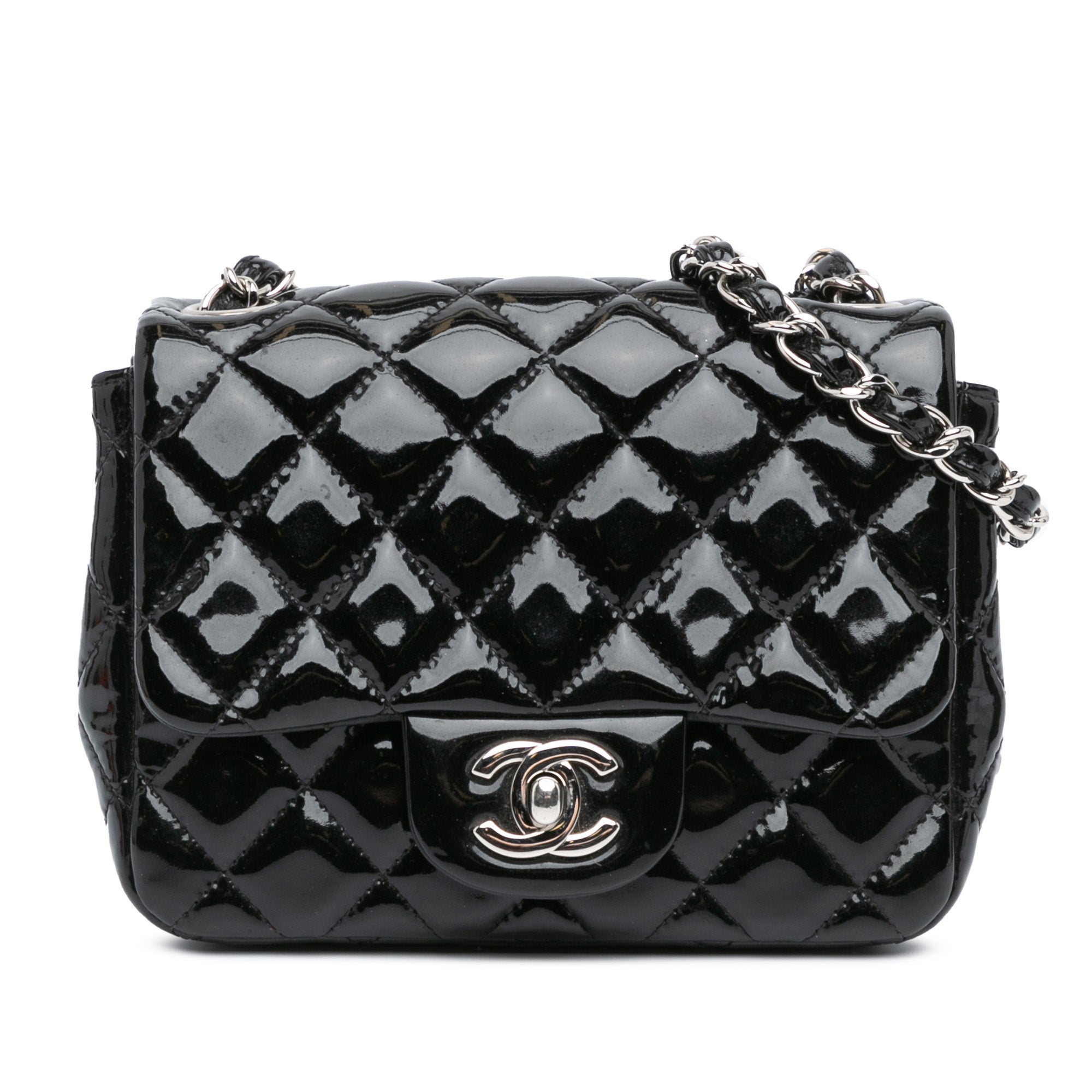 Black Chanel Mini Square Classic Patent Single Flap Crossbody Bag