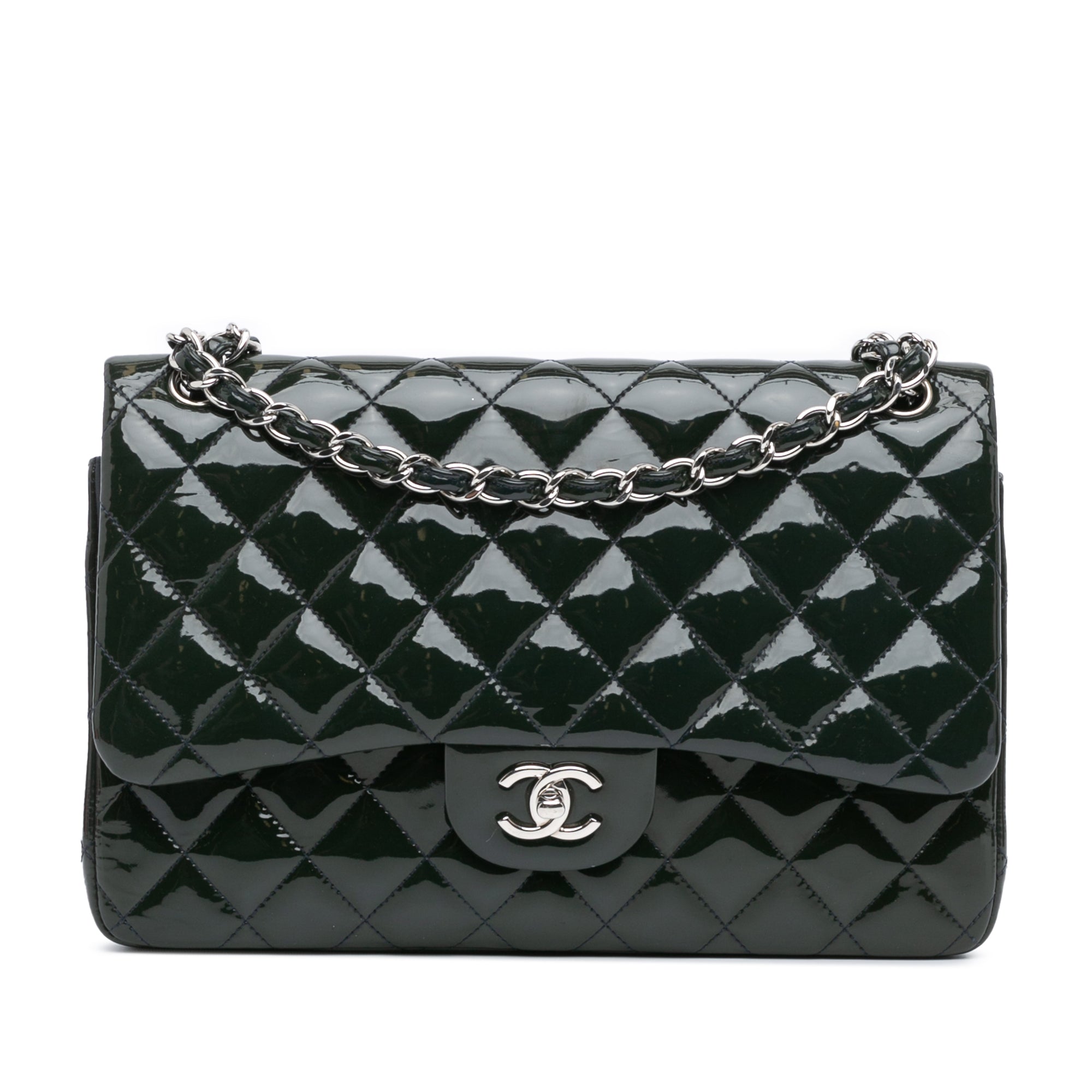 Green Chanel Jumbo Classic Patent Double Flap Shoulder Bag