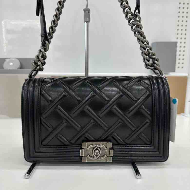 Chanel Quilted Embossed Boy Flap Bag, Black Calfskin, Medium | Studio Nafay