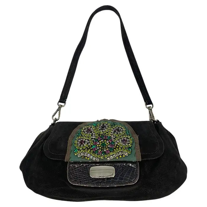 Prada Black Suede Rhinestone Alligator Flap Shoulder Bag | Studio Nafay