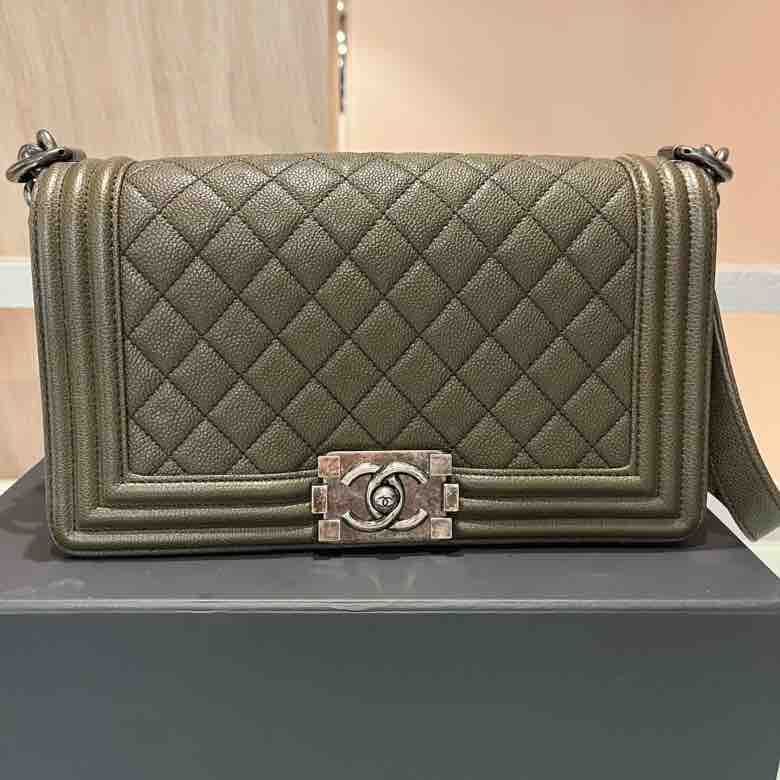 Chanel LeBoy Bag, Olive Green Caviar Skin & Ruthenium-Finish Metal | Studio Nafay