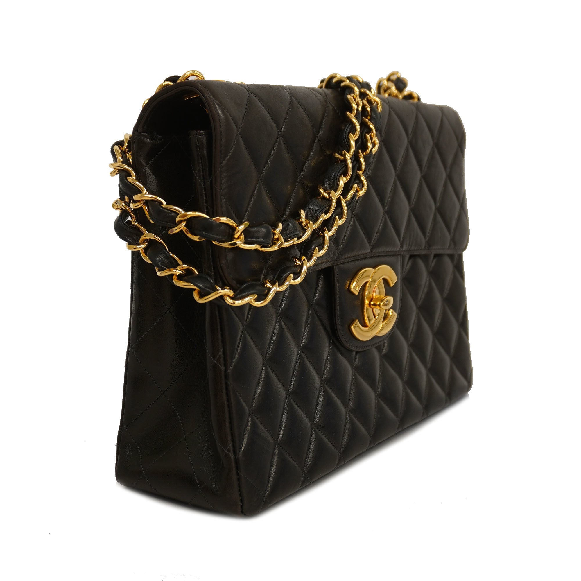 CHANEL Big Matelasse W Chain Women’s Leather Shoulder Bag Black