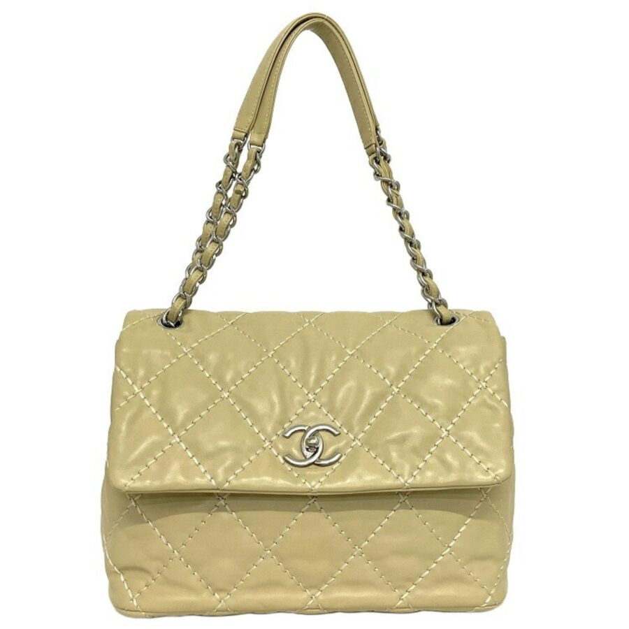 Chanel Chain Shoulder Bag Beige Silver Wild Stitch Lambskin Leather 17s CHANEL Coco Mark Matrasse Flap Turn Lock Ladies | Studio Nafay