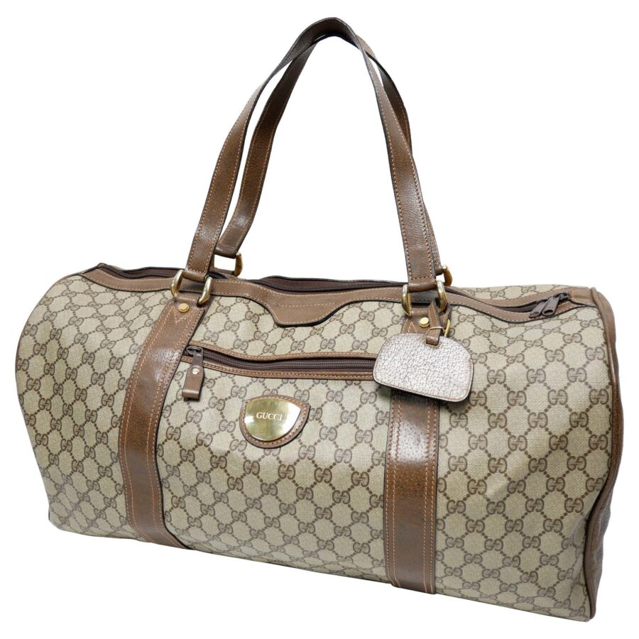 GUCCI Old Gucci Travel Bag Boston Unisex 's 70'S GG Pattern / Pigskin Gold Hardware Brown Beige | Studio Nafay